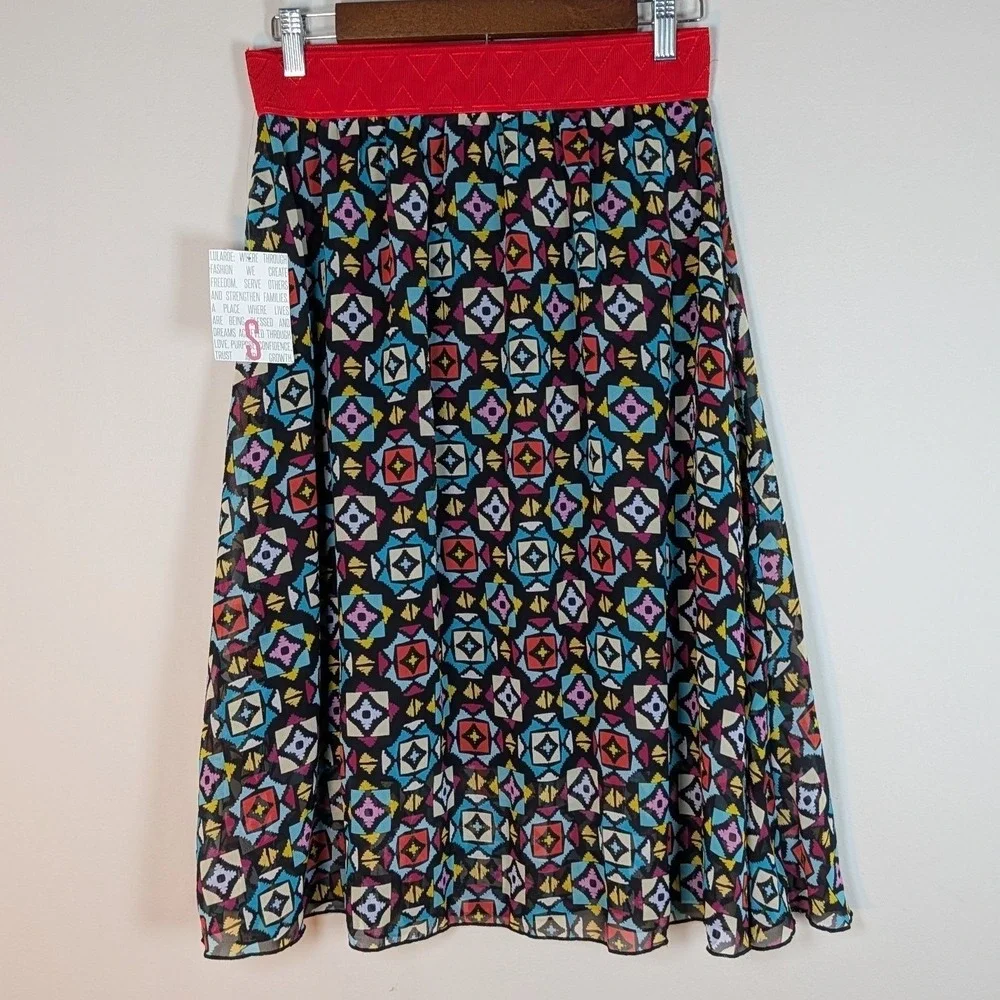 LuLaRoe Lola Skirt Women Small Red Geometric Chiffon Midi A-Line Elastic Waist